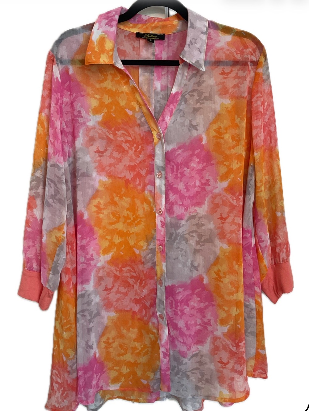***BELLINA*** Sheer Floral Button-Front Tunic in Pink, Orange & Gray